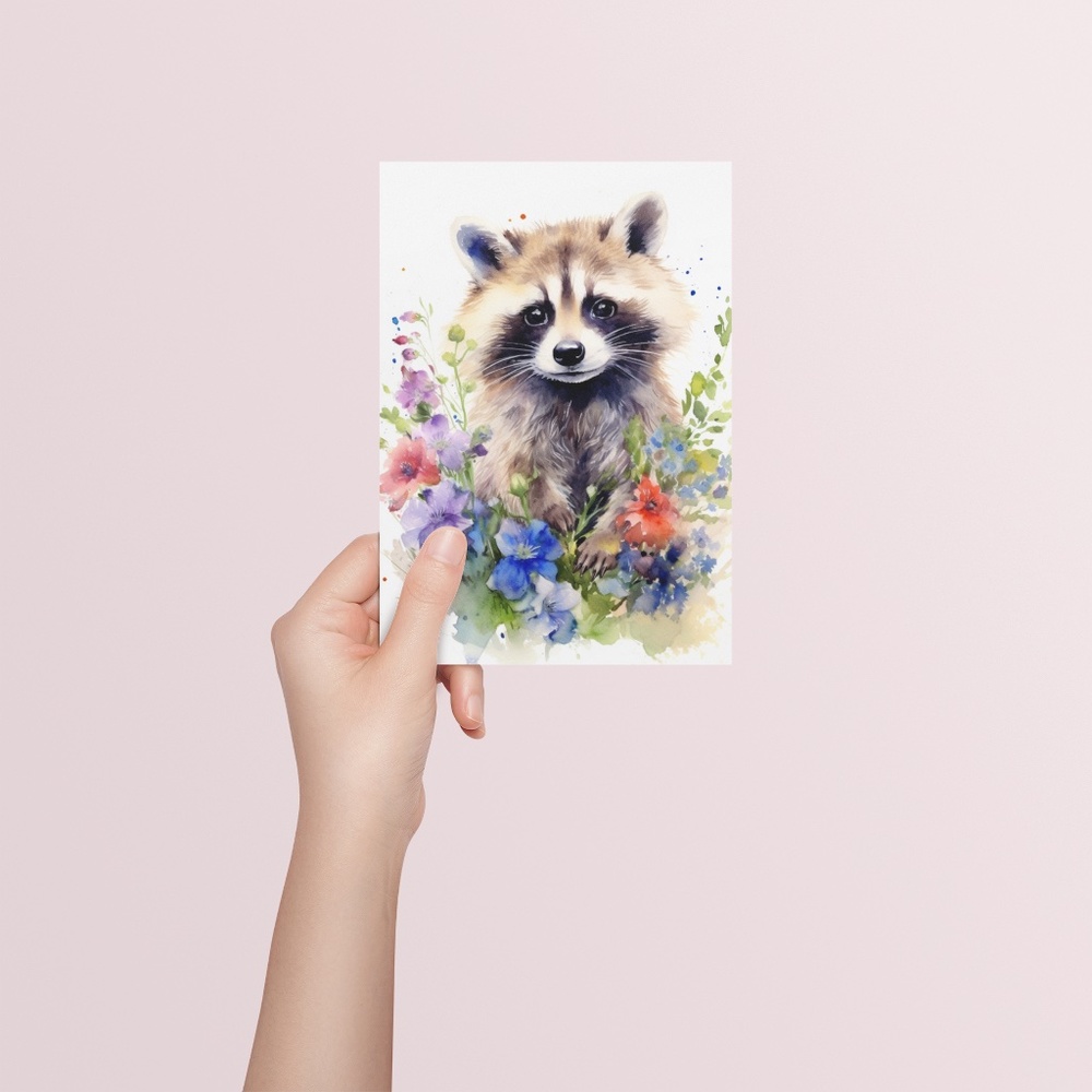 Watercolor Floral Raccoon Wall Art Illustration Print Poster Card Unframed - Picture 5 of 6